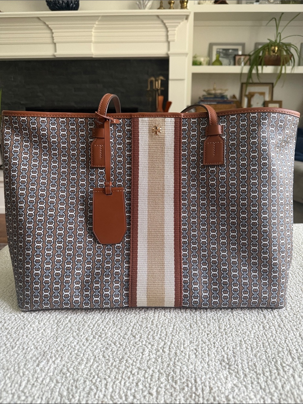 Tory Burch Brown and Cream Signature Gemini Link Stripe Tote